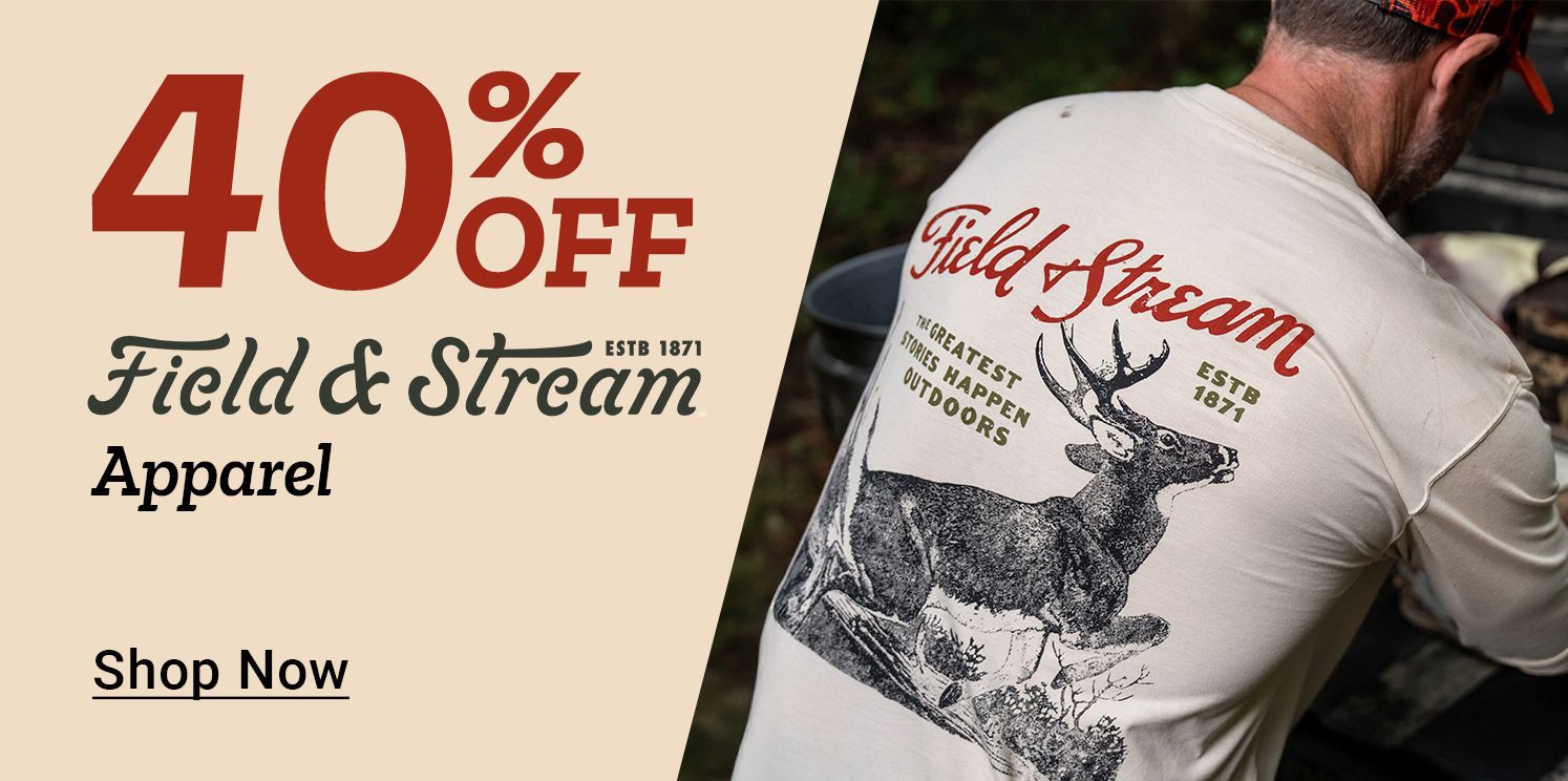Tractor Supply Company promotion. Save 40 percent off Field and Stream apparel. Image shows a person wearing a Field and Stream graphic T shirt with wildlife illustration. Shop Now button displayed.