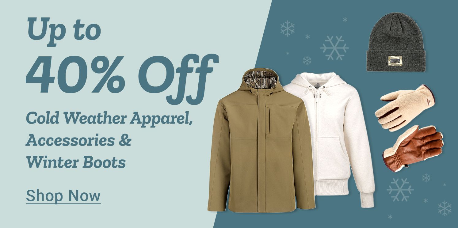 Up to 40% off cold weather apparel, accessories, and winter boots. Promotional image features a tan winter jacket, white zip-up hoodie, knit beanie, fleece gloves, and leather gloves with snowflake graphics. Shop now.