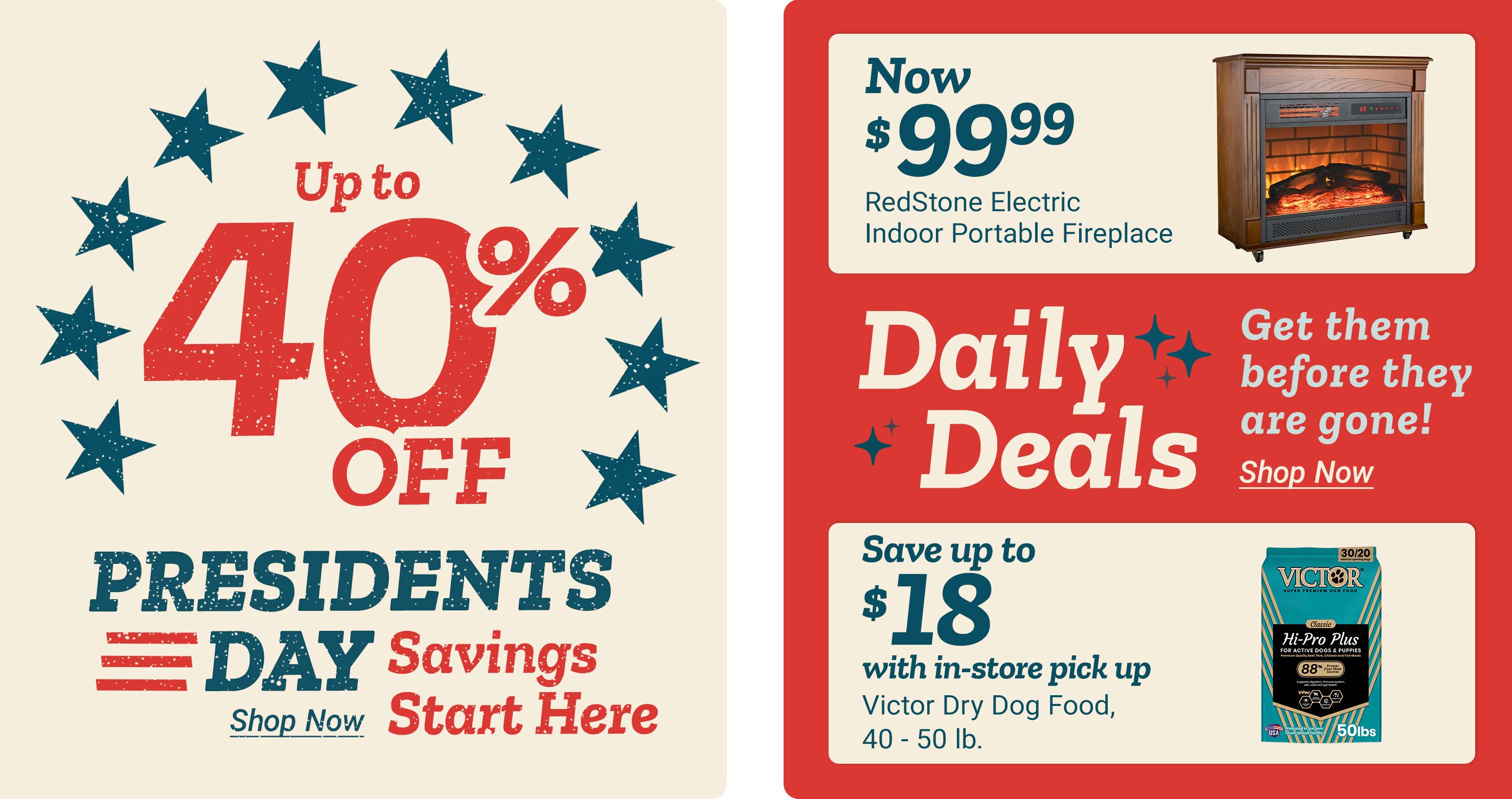 Tractor Supply Co. Animal Days promotion now through March 1st, featuring two offers: save up to 25% on top deals for feed, toys, treats, and more, and 10% off feed and forage when purchasing dry dog or cat food, with pet and livestock feed products shown.