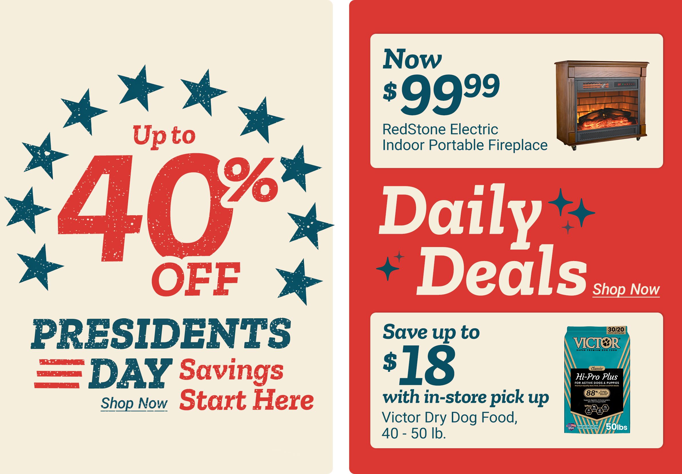 Tractor Supply Co. Animal Days promotion now through March 1st, featuring two offers: save up to 25% on top deals for feed, toys, treats, and more, and 10% off feed and forage when purchasing dry dog or cat food, with pet and livestock feed products shown.