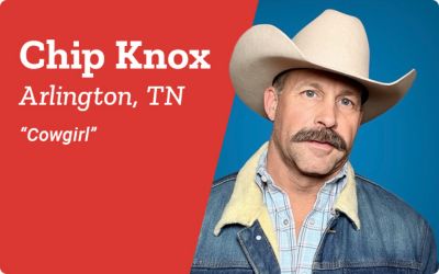 Chip Knox. Arlington, TN. Cowgirl. A promotional banner featuring a portrait of a man wearing a light-colored cowboy hat and denim jacket against a blue background.