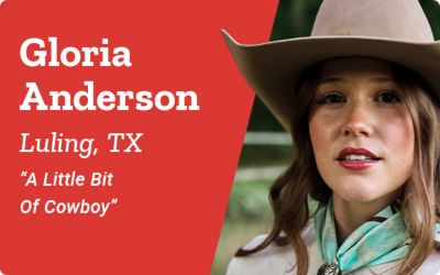 Gloria Anderson. Luling, TX. A Little Bit Of Cowboy. A promotional banner featuring a portrait of a woman wearing a tan cowboy hat and western attire standing outdoors in front of a fence and green trees.