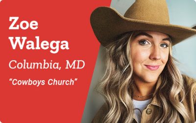 Zoe Walega. Columbia, MD. Cowboys Church. A promotional banner featuring a portrait of a woman wearing a brown cowboy hat against a neutral indoor background.