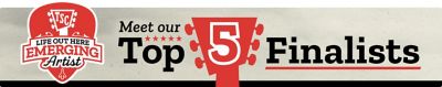 TSC Life Out Here Emerging Artist. Meet our Top 5 Finalists. A promotional banner featuring the TSC Life Out Here Emerging Artist badge on the left and bold text announcing Top 5 Finalists with a large red guitar headstock graphic behind the number 5 on a textured light background.