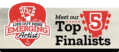 TSC Life Out Here Emerging Artist. Meet our Top 5 Finalists. A promotional banner featuring the TSC Life Out Here Emerging Artist badge on the left and bold text announcing Top 5 Finalists with a large red guitar headstock graphic behind the number 5 on a textured light background.