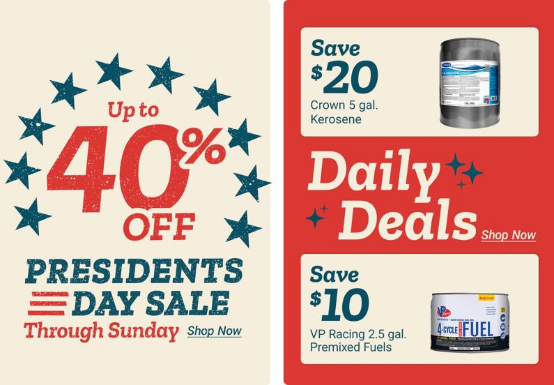 Up to 40% off Presidents Day savings plus Daily Deals featuring a RedStone Electric Stove Heater for $49.99 and $5 off Shell Rotella 2.5-gallon heavy-duty motor oil.