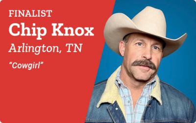 Finalist. Chip Knox. Arlington, Tennessee. Cowgirl. A promotional banner featuring a portrait of Chip Knox wearing a cowboy hat against a blue background.