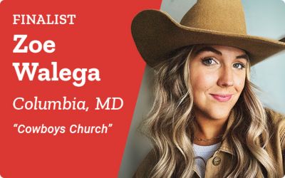 Finalist. Zoe Walega. Columbia, Maryland. Cowboys Church. A promotional banner featuring a portrait of Zoe Walega wearing a brown cowboy hat against a neutral background.