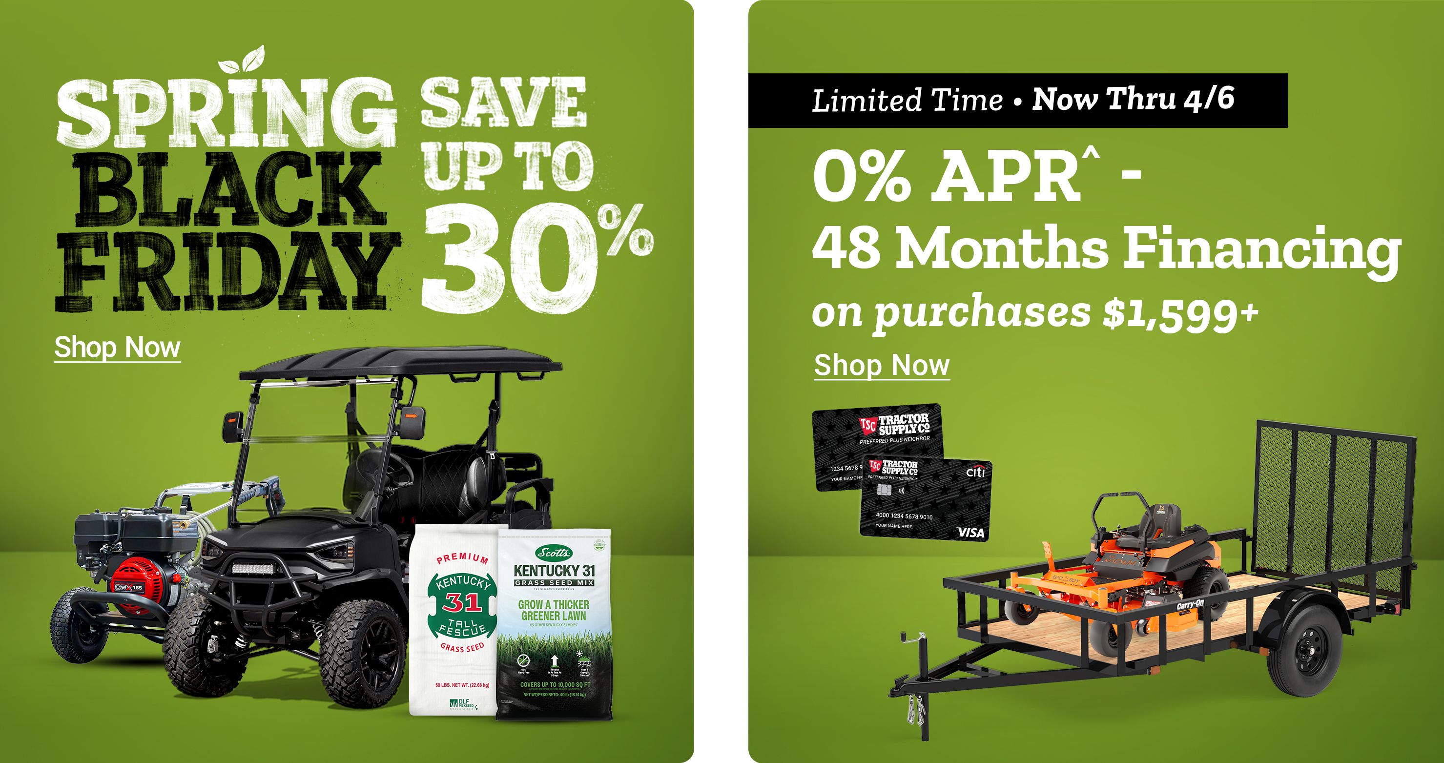 Spring Save Black Friday. Save up to 30 percent. Shop Now. Daily Deal. Save 2 dollars on Royal Wing Classic Mix wild bird food. A promotional banner featuring a utility vehicle and grass seed products alongside a bag of Royal Wing bird food.