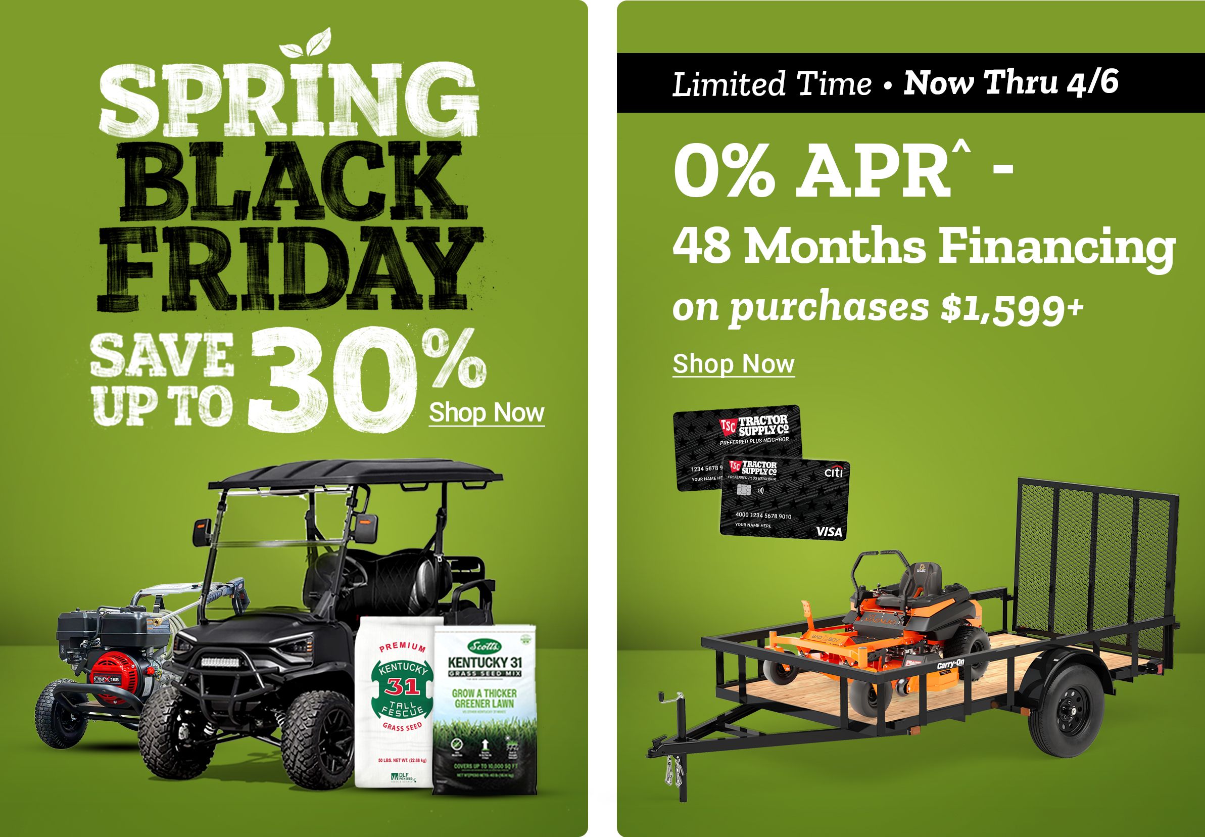 Spring Save Black Friday. Save up to 30 percent. Shop Now. Daily Deal. Save 2 dollars on Royal Wing Classic Mix wild bird food. A promotional banner featuring a utility vehicle and grass seed products alongside a bag of Royal Wing bird food.