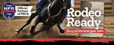 Tractor Supply Company Wrangler NFR Las Vegas 2026 promotion. Official partner of PRCA. Rodeo Ready gear. Image shows horse and rider turning around a barrel in rodeo arena dirt. Text reads Shop all the best gear here.