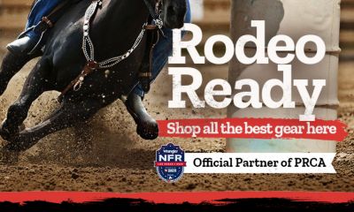 Tractor Supply Company Wrangler NFR Las Vegas 2026 promotion. Official partner of PRCA. Rodeo Ready gear. Image shows horse and rider turning around a barrel in rodeo arena dirt. Text reads Shop all the best gear here.