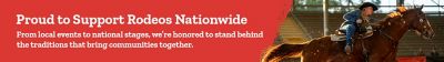 Tractor Supply Company banner promoting support for rodeos nationwide. Image shows a rider on horseback competing in a rodeo arena. Text reads Proud to Support Rodeos Nationwide and highlights community traditions and events.