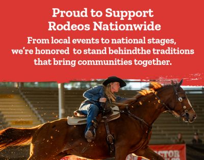 Tractor Supply Company banner promoting support for rodeos nationwide. Image shows a rider on horseback competing in a rodeo arena. Text reads Proud to Support Rodeos Nationwide and highlights community traditions and events.