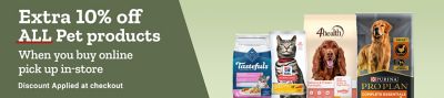 Tractor Supply Company promotion. Extra 10 percent off all pet products when you buy online and pick up in store. Discount applied at checkout. Image shows pet food brands including Blue Tastefuls, Hill's Science Diet, 4health, and Purina Pro Plan. Shop Now.