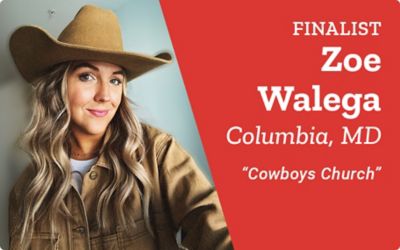 Finalist. Zoe Walega. Columbia, Maryland. Cowboys Church. A promotional banner featuring a portrait of Zoe Walega wearing a brown cowboy hat against a neutral background.