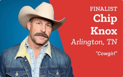 Finalist. Chip Knox. Arlington, Tennessee. Cowgirl. A promotional banner featuring a portrait of Chip Knox wearing a cowboy hat against a blue background.