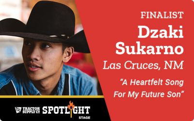 Finalist. Dzaki Sukarno. Las Cruces, New Mexico. A Heartfelt Song For My Future Son. A promotional banner featuring a portrait of Dzaki Sukarno wearing a black cowboy hat indoors.