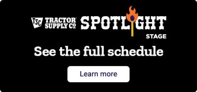 Tractor Supply Spotlight Stage promotional graphic featuring the Tractor Supply logo, Spotlight Stage branding, text reading “See the full schedule,” and a Learn More button on a black background.
