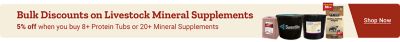 Tractor Supply Company promotion. Get 5 percent off eligible livestock mineral supplements when you buy 20 or more products. Image shows assorted livestock mineral supplements from brands including Sweetlix, DuMOR, and Producer's Pride. Shop Now.