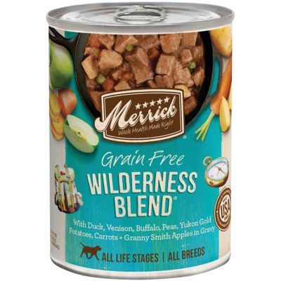 Merrick Grain Free Wilderness Blend All Life Stages Duck, Venison and Buffalo Chunks Wet Dog Food, 12.7 oz. Can