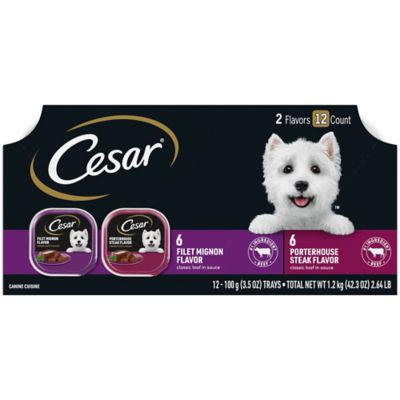 Cesar Wet Dog Food Classic Loaf in Sauce Filet Mignon and Porterhouse Steak Flavors Variety pk., (12) 3.5 oz. Easy Peel Trays I have very picky Dogs one is a Lhasa apso  he is a Caesar dog all the way and loves the beef and my Maltese likes the chicken ones and the breakfast home style so we use all of them and very nutritious and flavorful for the dogs and the price is reasonable and the packaging is delightful