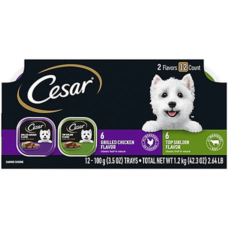 Cesar Wet Dog Food Classic Loaf in Sauce Top Sirloin & Grilled Chicken Variety pk., (12) 3.5 oz. Easy Peel Trays
