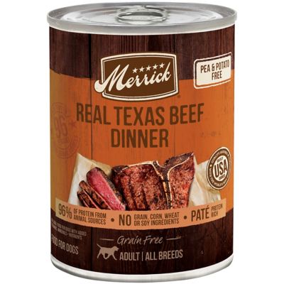 Merrick Grain Free Real Texas Beef Dinner Wet Dog Food, 12.7 oz. I only had one can, so I split it and even distributed it with my dog’s dried dog food