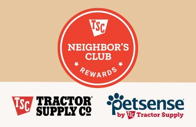 Tractor Supply Co., Neighbor's Club Rewards, and PetSense by Tractor Supply logos, representing Tractor Supply's pet care and customer rewards programs.