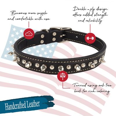 Image showing  Oak Tanned Leather Double-Ply Spiked Dog Collar, 1 in. x 20 in., Black