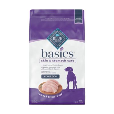 Blue Buffalo Basics Skin & Stomach Care, Natural Adult Dry Dog Food, Turkey & Potato, 24 lb. My dog has severe chicken and beef allergies so this food is the only thing I can give him that includes grains and fits his needs! 