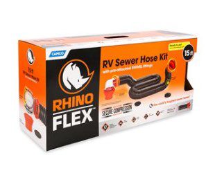 Camco RhinoFLEX 15ft RV Sewer Hose Kit Frustration-Free Packaging 39770 Storage Caps Included Includes Swivel Fitting and Translucent Elbow with 4-In-1 Dump Station Fitting 