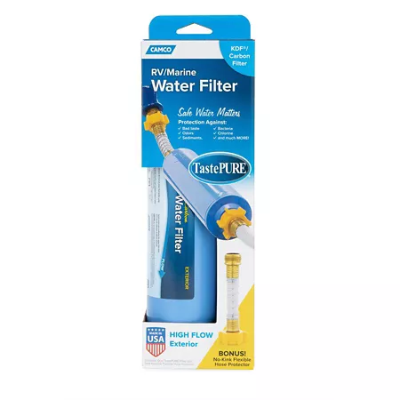 Camco TastePURE Water Filter with Flexible Hose Protector 2-1/4 in x 2-1/4 in x 10 in 100 Micron Fiber Filter RV Parts