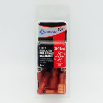 Image showing  22-18 AWG 1/4 Nylon Red Terminal Insulated Male/Female Disconnect Pairs, 10-Pack