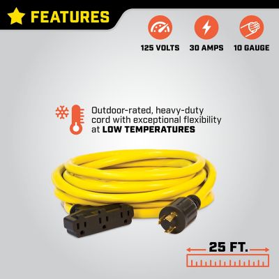 Image showing  25 ft. 125V 30A Fan-Style Generator Extension Cord, L5-30P to three 5-15R
