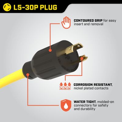 Image showing  25 ft. 125V 30A Fan-Style Generator Extension Cord, L5-30P to three 5-15R
