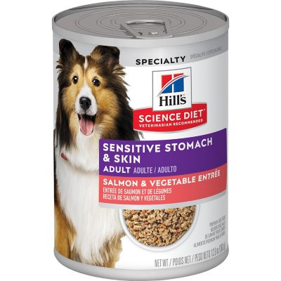Hill's Science Diet Adult Sensitive Stomach and Skin Grain-Free Minced Salmon and Vegetables Wet Dog Food, 12.8 oz. Can They love the flavors of chicken for dry for and salmon for wet food