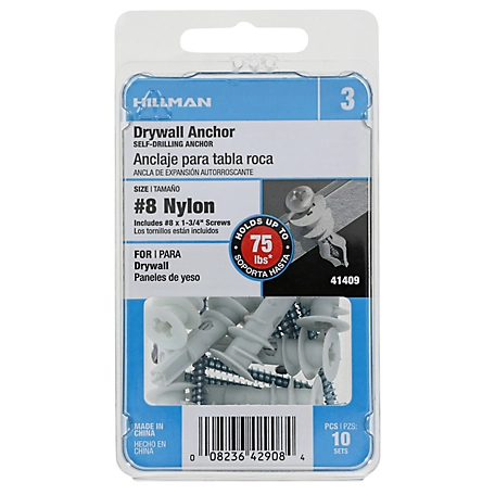 Hillman Nylon Self Drilling Drywall Anchors w/Zinc Plated Screws (#8) -10 Pack