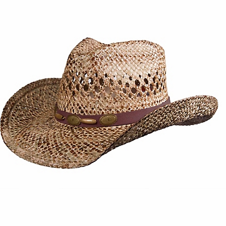 DPC Vented Stained Seagrass Western Hat with Suede Trim, Metal Conchos and Beads