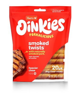 Hartz Oinkies Smoked Pig Skin Twists Dog Chew Treats, 520 g, 20 ct. My dogs love these oinkies, they last a few hours with a larger dog breed