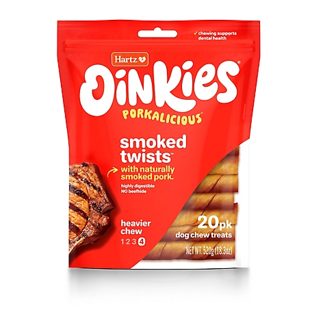 Hartz Oinkies Smoked Pig Skin Twists Dog Chew Treats, 520 g, 20 ct.