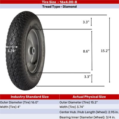Image showing 16 in. x 4-8 in. PR 3013-1 Diamond Tread Pneumatic Wheels, 3/4 in. Bore Size