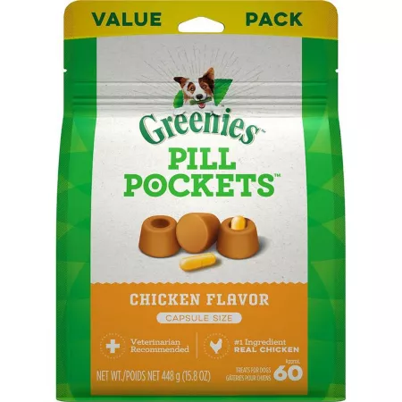 Greenies Natural Pocket Dog Treats Chicken Flavor Capsule Size 15.8 oz 60 ct Dog Pill Hiding Treats