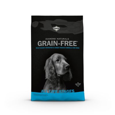 Diamond Naturals Grain-Free Wild-Caught Whitefish & Sweet Potato Formula Dry Dog Food hes been on this dog food for a long  time and I have no issues with it I relize  no grain and no chicken for him that is what  made him itch and  turn red and dandruff and chewing so the white fish and sweet potatoes  and no medcine  and no itching