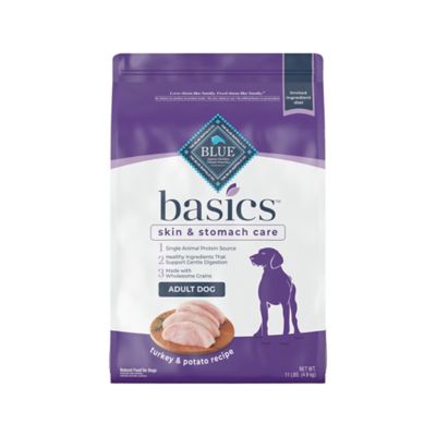 Blue Buffalo Basics Skin & Stomach Care, Natural Adult Dry Dog Food, Turkey & Potato 11 lb. My dog has severe chicken and beef allergies so this food is the only thing I can give him that includes grains and fits his needs! 