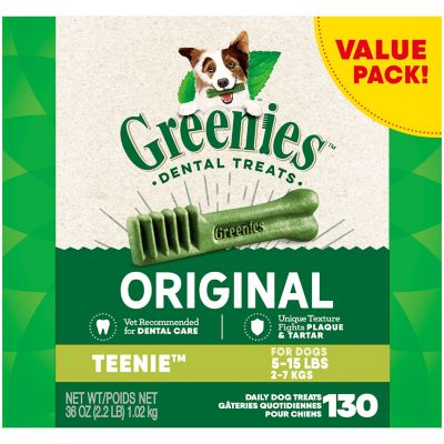 Greenies Original TEENIE Natural Dog Dental Care Chews Oral Health Dog Treats, 36 oz. (130 Treats) They love the flavor, and the mini size is perfect for small breeds