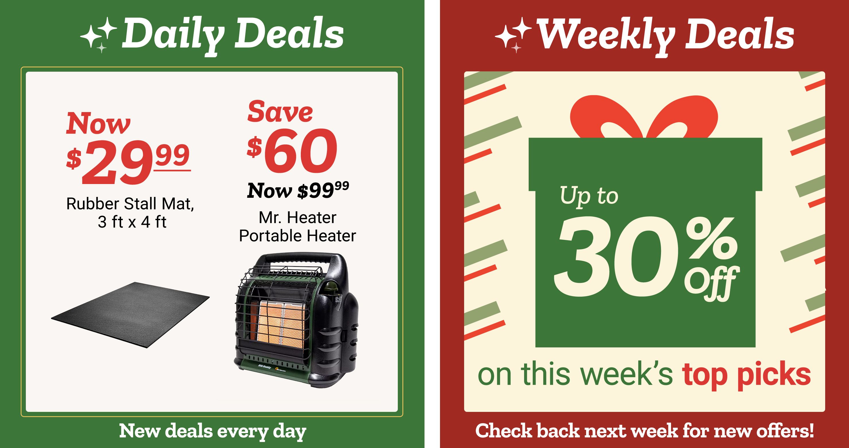 Tractor Supply Company promotion. Daily Deals include rubber stall mats now 29.99 and save 60 dollars on Mr. Heater portable heater now 269.99. Weekly Deals offer up to 30 percent off on this week's top picks. Text reads New deals every day and Check back next week for new offers.