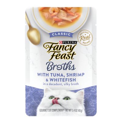 Fancy Feast Classic Broths with Tuna, Shrimp and Whitefish Gourmet Wet Cat Food, 1.4 oz. Pouch, Pack of 32