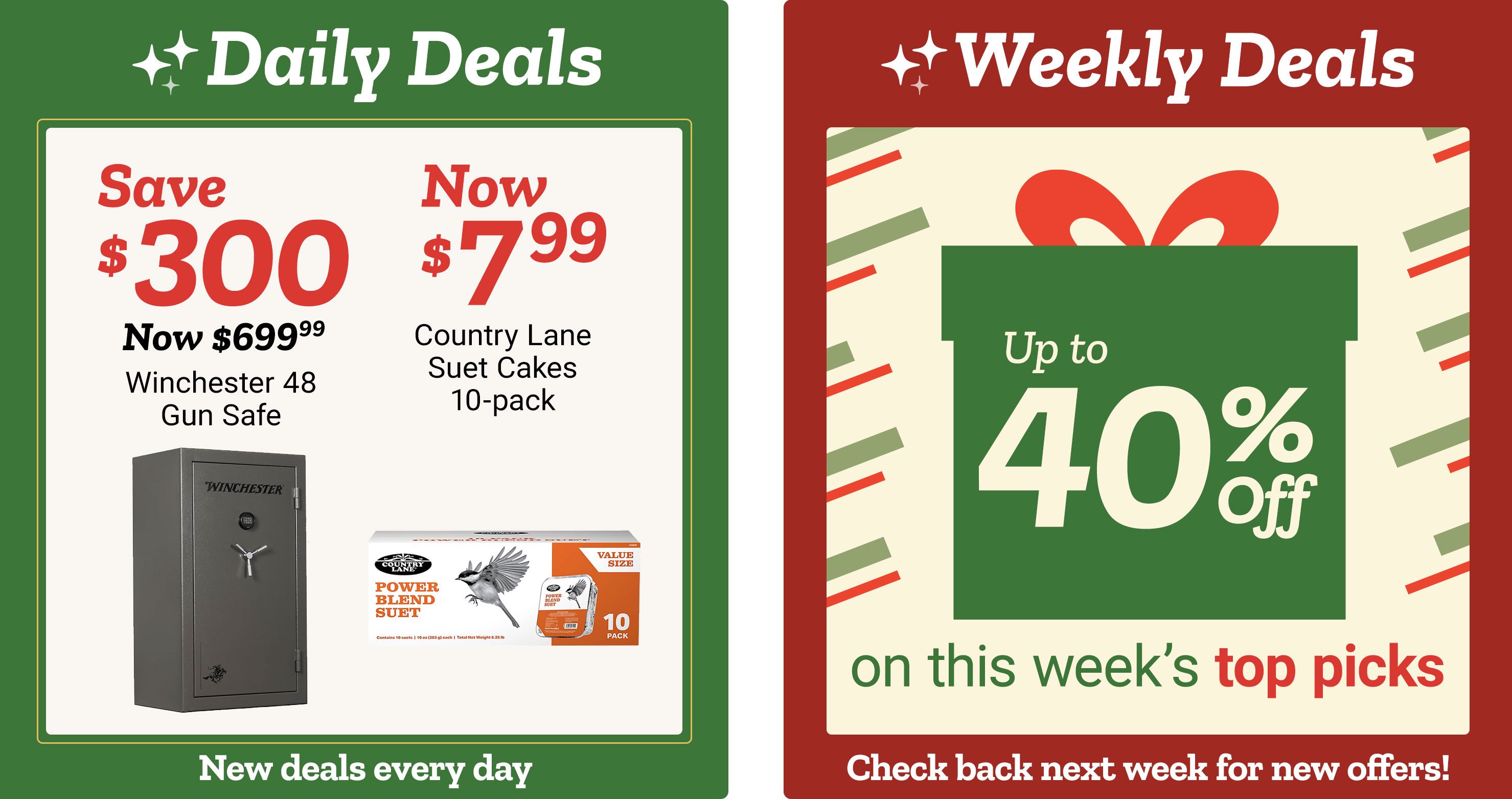 Tractor Supply Company promotion. Daily Deals include save 300 dollars on Winchester 48 gun safe and Country Lane Suet Cakes now 7.99. Weekly Deals offer up to 40 percent off on this week's top picks. Text reads New deals every day and Check back next week for new offers.
