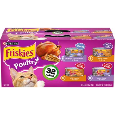Friskies Meaty Bits and Prime Filets Adult Turkey and Chicken in Gravy Wet Cat Food Variety Pack, 5.5 oz. Can, Pack of 32 They're easy to serve and you can tell they use real chicken and turkey meat for the high protein nutrition